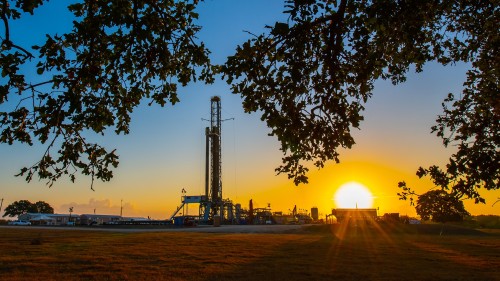 Sunrise over a drilling rig in the Eagle Ford in South Texas.